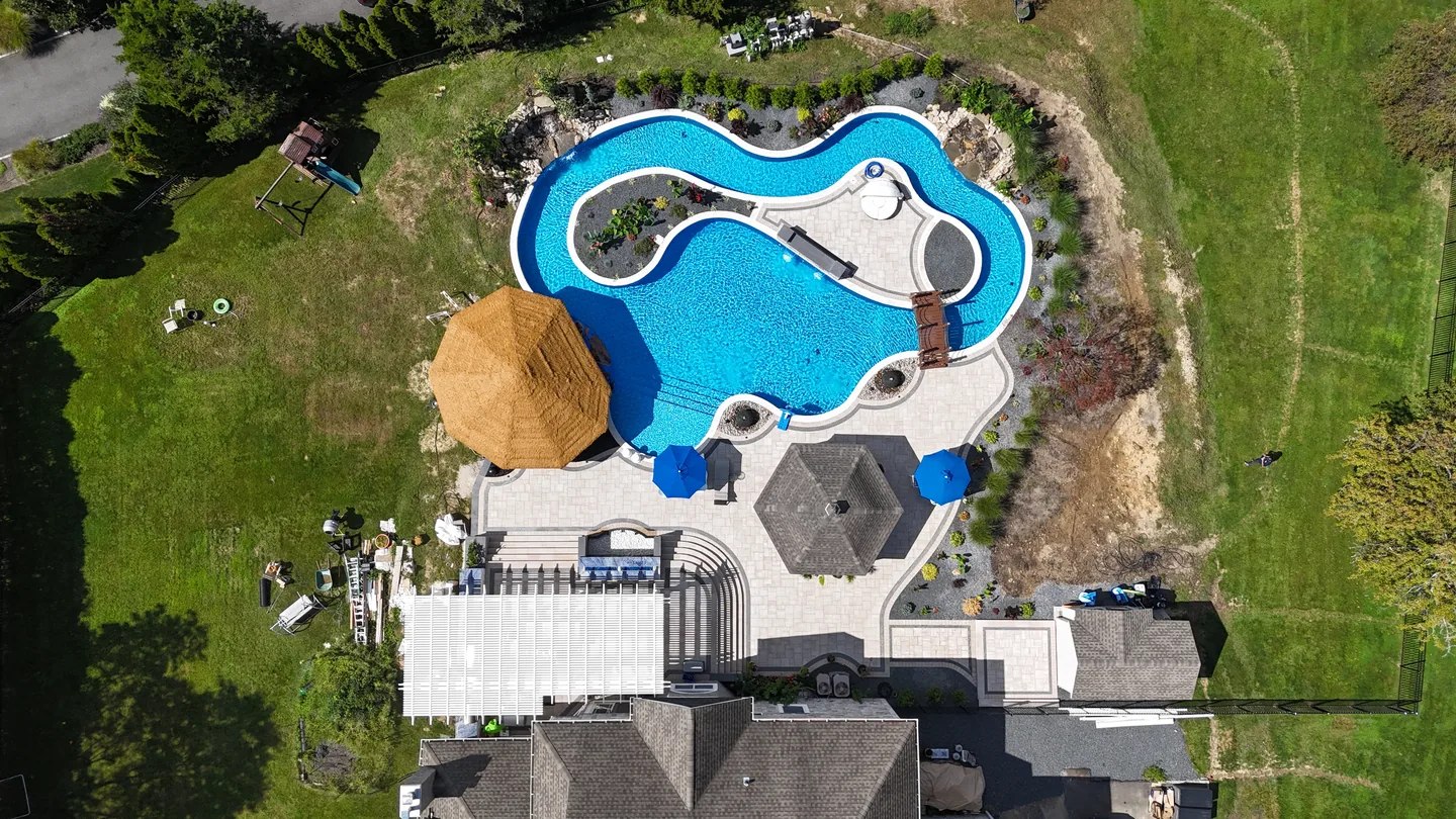 Straight-down aerial of the river, deck and structures, East Northport
