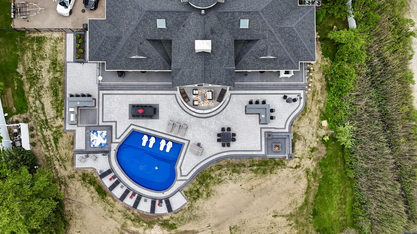 Overhead of the finished pool, spa, kitchen and paver deck, Great River
