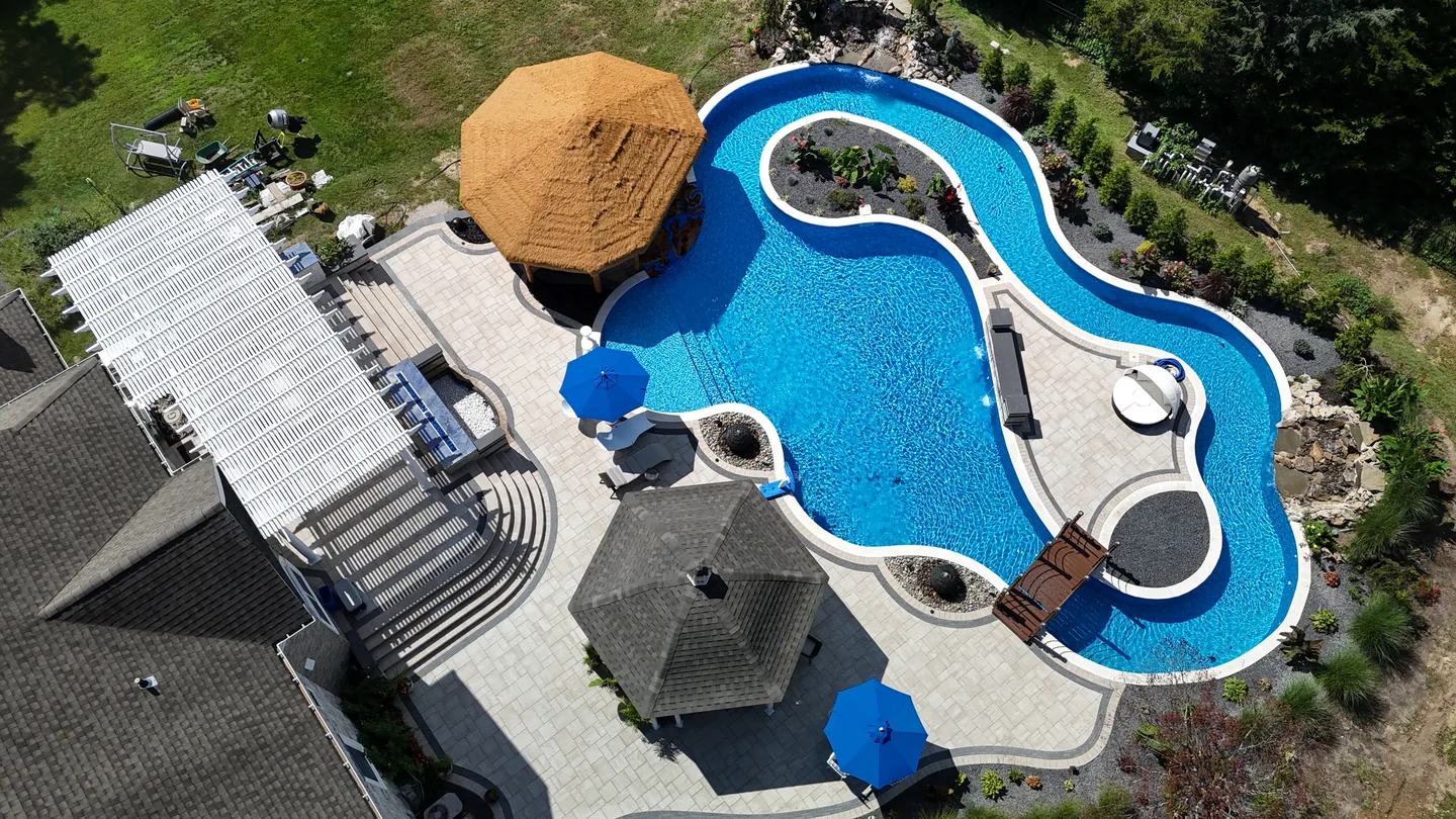 Aerial showing the full run of the lazy river around the island, East Northport