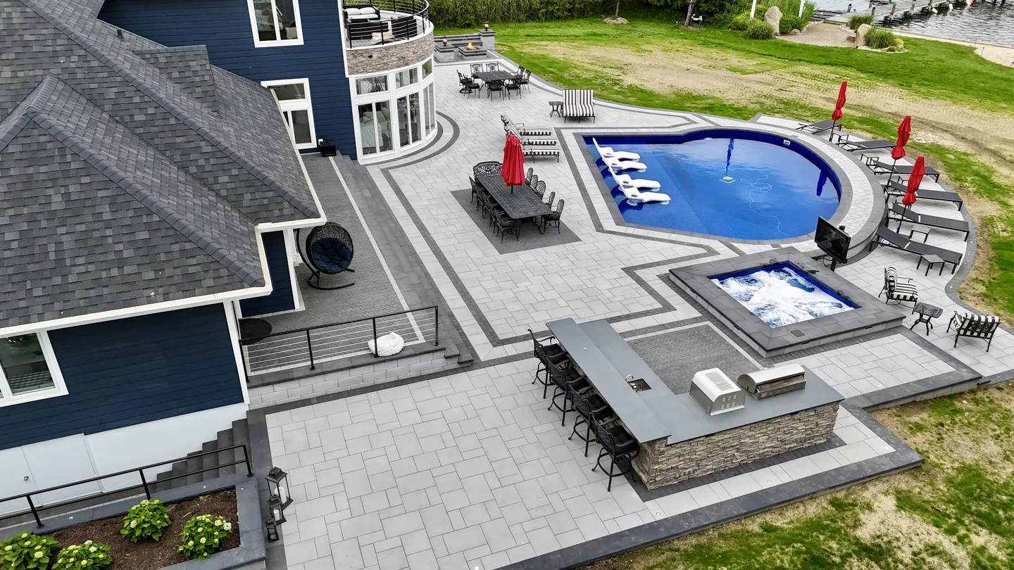 Aerial of the house, pool, spa and kitchen across the rear yard, Great River