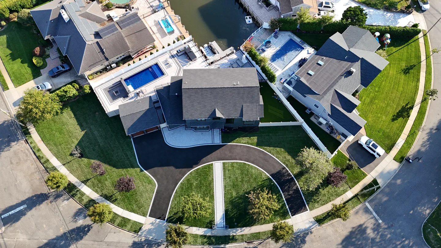 Overhead of the completed waterfront pool deck and dock, Massapequa
